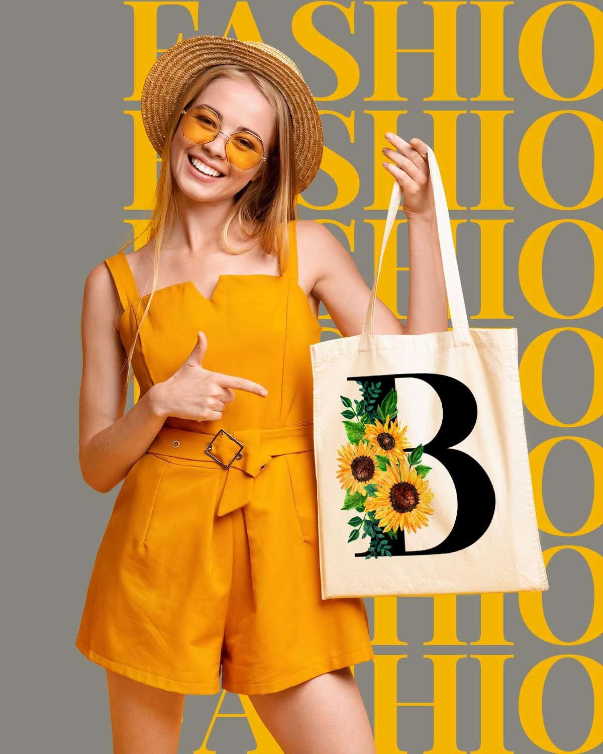 AUSVKAI Canvas Tote Bag Aesthetic for Women, Cute Sunflower Initial Trendy Monogram Personalized Initial Birthday Reusable Cloth Cotton Bags with Handle for Grocery College Shopping Beach - Image 2