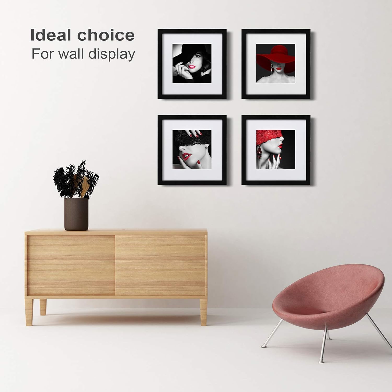 Egofine 12x12 Frame, Made of Solid Wood with HD Plexiglass for Pictures 8x8 with Mat or 12x12 without Mat, Wall Mounting Display, Set of 4, Black