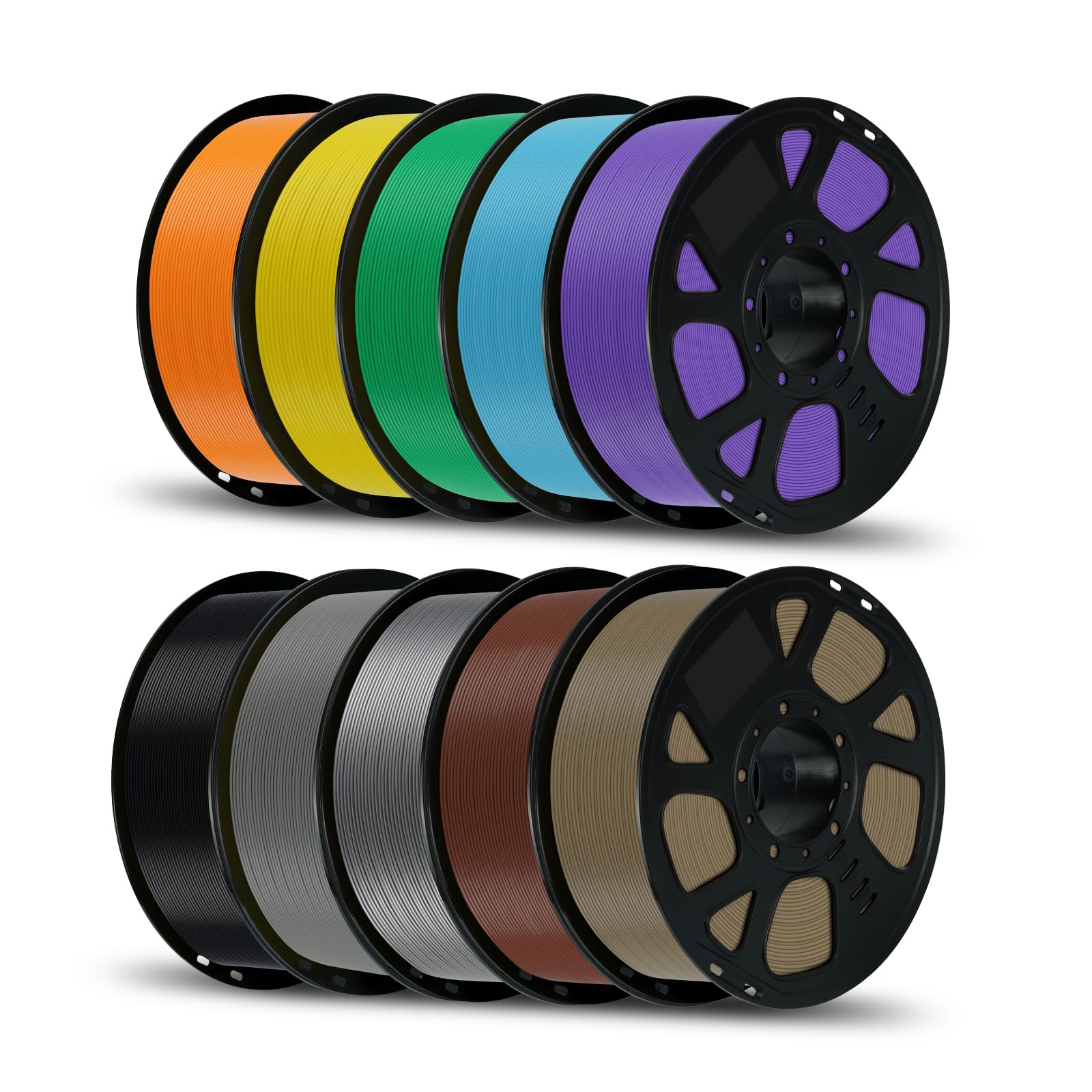 Kingroon Filament PLA 10 kg 1,75 mm, 10 szpul filamentu do drukarki 3D 1 kg, wielokolorowe opakowanie (czarny brązowy, szary, żółty, zielony, fioletowy, srebrny, błękitny, dynia, pomarańczowe drewno