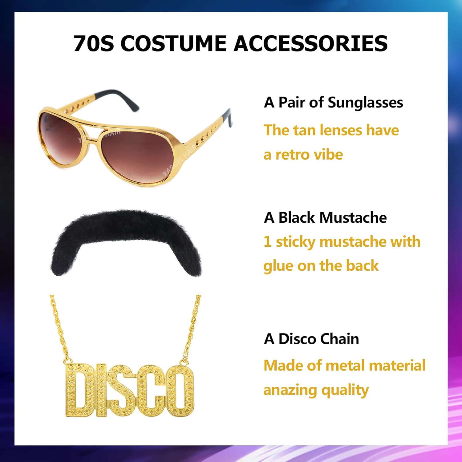Mens Afro Wigs for 70s Rocker Disco Party 5pcs Set (Wig+ Glasses+ Disco Necklace+ Mustache+ Wig Cap) Afro Puff Wigs for 70s 80s Halloween Costume Cosplay Party Use (Black) - Image 5