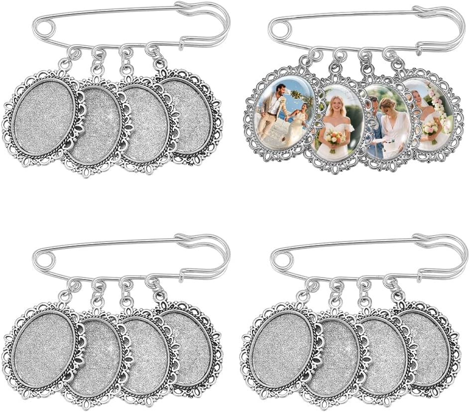 UNICRAFTALE 4Pcs Oval Wedding Bouquet Photo Charms 38mm Metal Picture Pendant 65mm Long Memorial Brooch Pin Each Holds 4 Pictures for Bridal Flowers Wedding Party