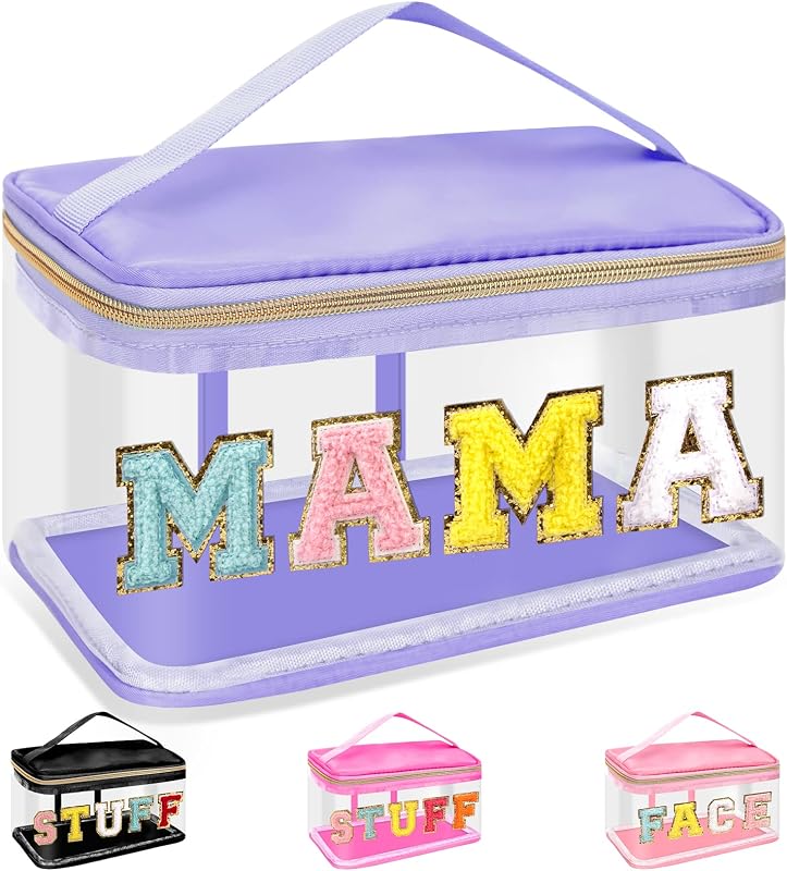 Necessaire transparente izuzta MAMA-Purple com letras chenille, zíper e alça