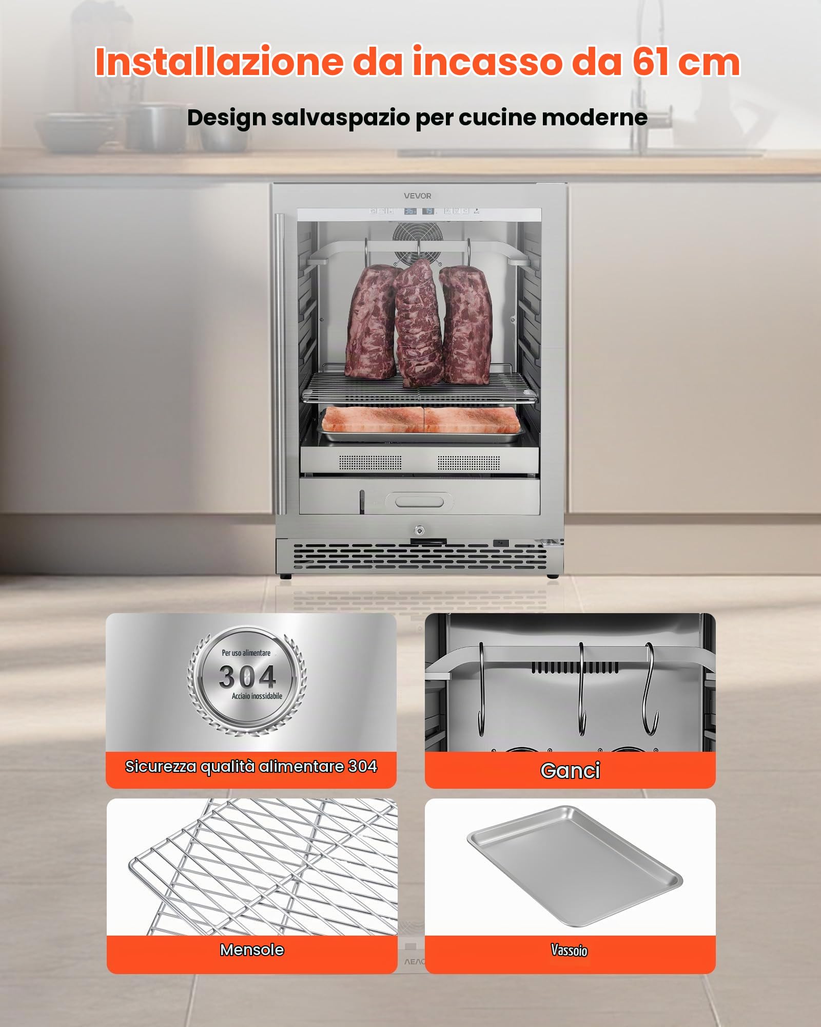 VEVOR Armadio per Stagionatura della Carne da 45 kg, Armadietto per Essiccazione della Carne con Controllo Preciso della Temperatura e dell'Umidità, Macchina per Stagionatura della Bovina per Cucina