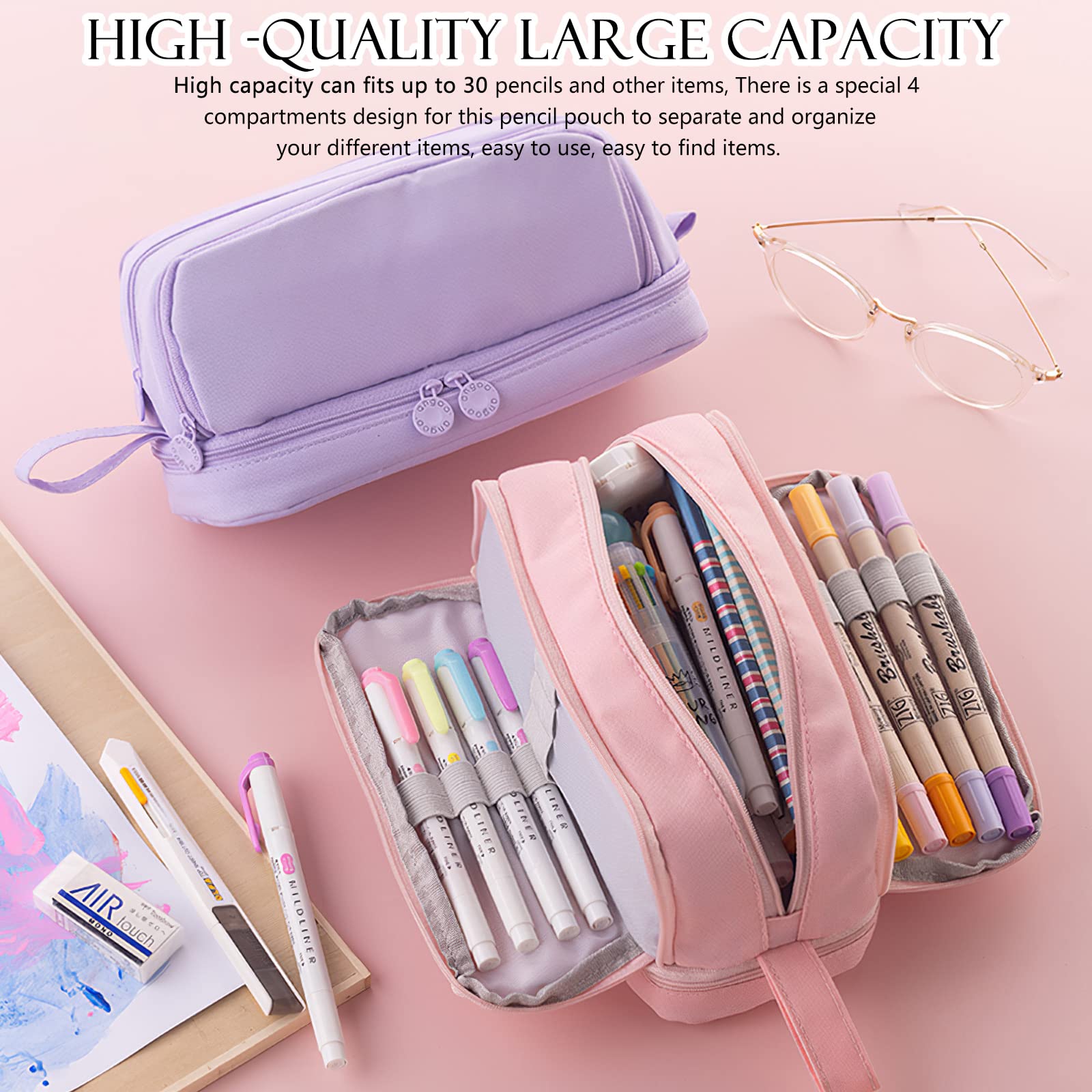 Eucomir Pencil Case with 4 Compartments for Girls Boys Large Pencil Case Stationery Organizer Aesthetic Case for Kids Women Men Teenagers Students Light Pink - Image 4