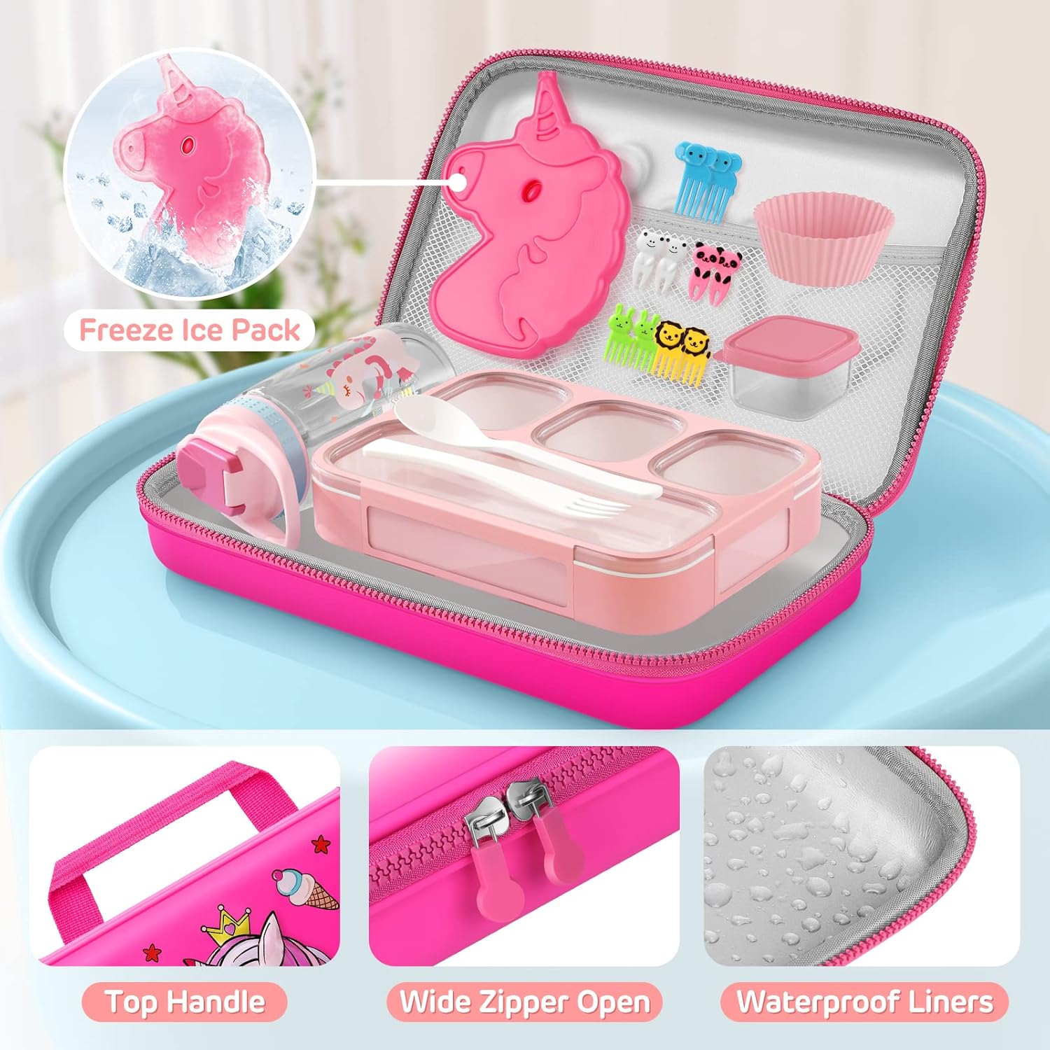 Condition photo showing Good Condition for Unicorn Lunch Box for Girls-Insulated Lunch Bag, Kids Bento Box Set with 4 Compartments Leakproof Lunch Container, 17oz Water Bottle, Ice Pack, Utensils, Sauce Container for Kids and Toddlers Age 3-15