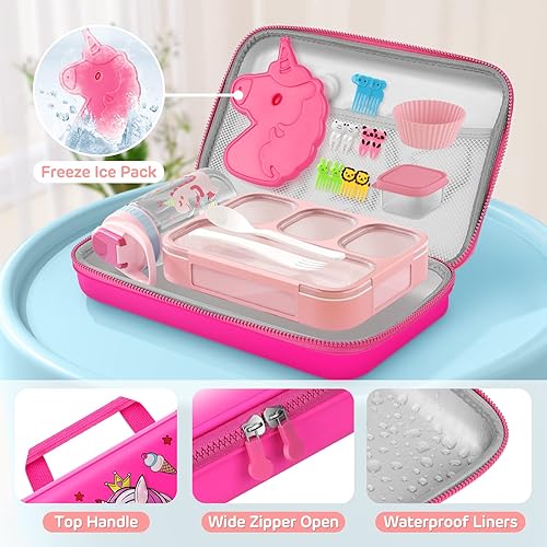 Miniatura 9 de TIME4DEALS Lonchera Bento para niños, bolsa de almuerzo aislada con 6 compartimentos, bolsa de hielo, botella de agua, muffins, cuchara, contenedor