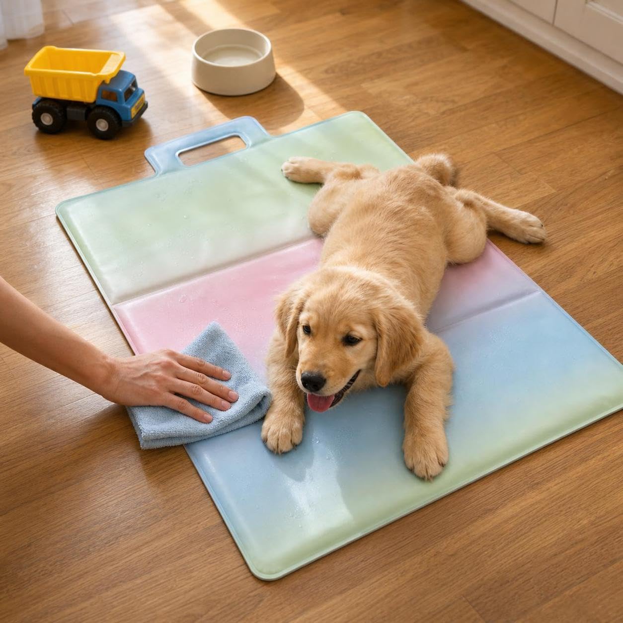 Kühlmatte Haustier | Selbstkühlende Hundematte mit ungiftigem Gel | Haustierbedarf | Hundezubehör, Regenbogen-Cartoon dreifach faltbar, M号62*91cm(建议30kg以内爱宠使用