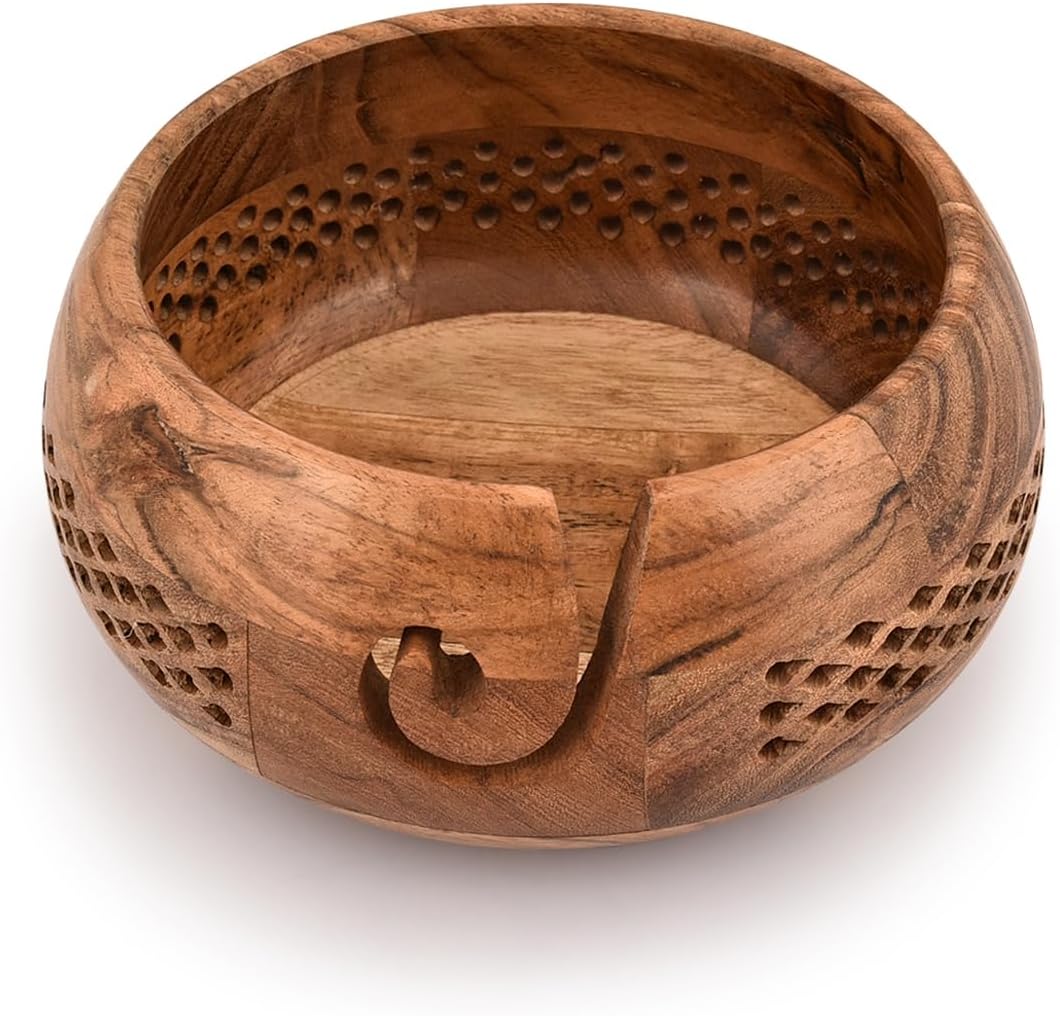 kimona yarn storage wooden yarn bowl hand made for knitting and crochet crocheting accessories and supplies organizer (7" x 7" x 4")