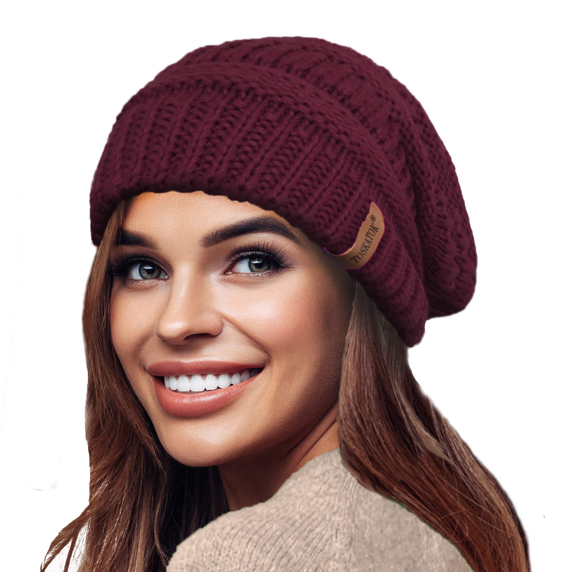 TOSKATOKLadies Warm Slouch Knit Winter Beanie Hat with Supersoft Velour Thermal Lining ski Cap