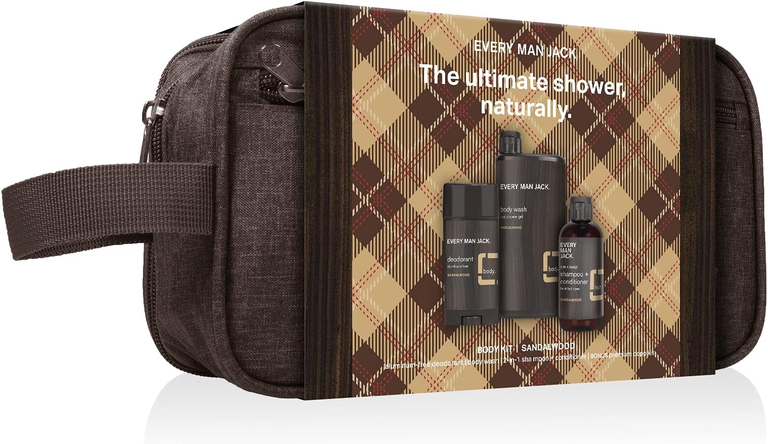 Every Man Jack Sandalwood Bath and Body Gift Set - Perfect for Every Guy - Three Grooming Essentials with Clean Ingredients - Body Wash, 2-in-1 Shampoo + Conditioner, Deodorant + Dopp Bag