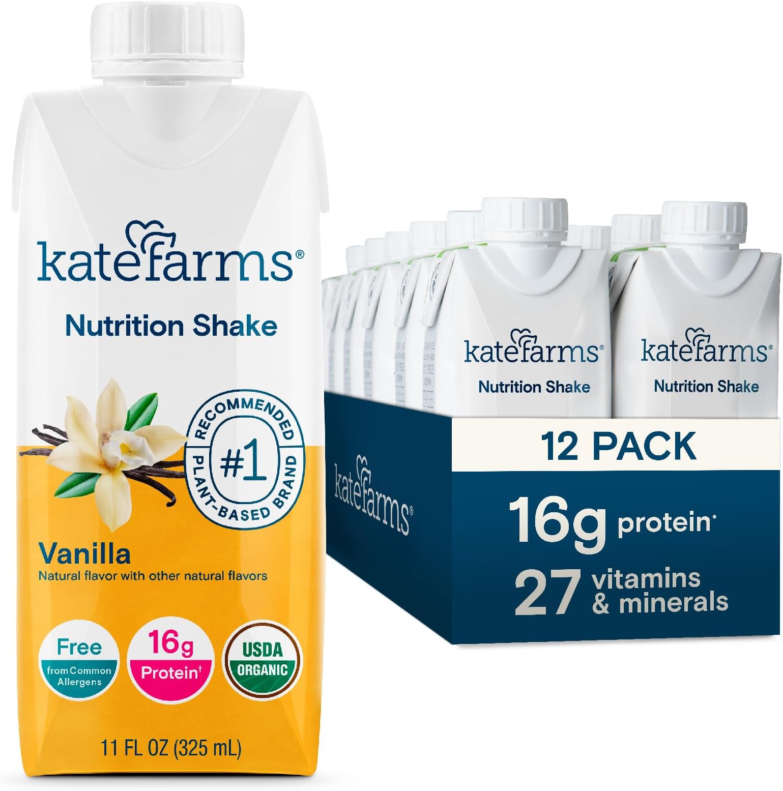 - KATE FARMS Organic Nutrition Shake, Vanilla, 16g Protein, 27 Vitamins and Minerals, Protein Meal Replacement Drink & Shake, 11 oz (12 Pack)