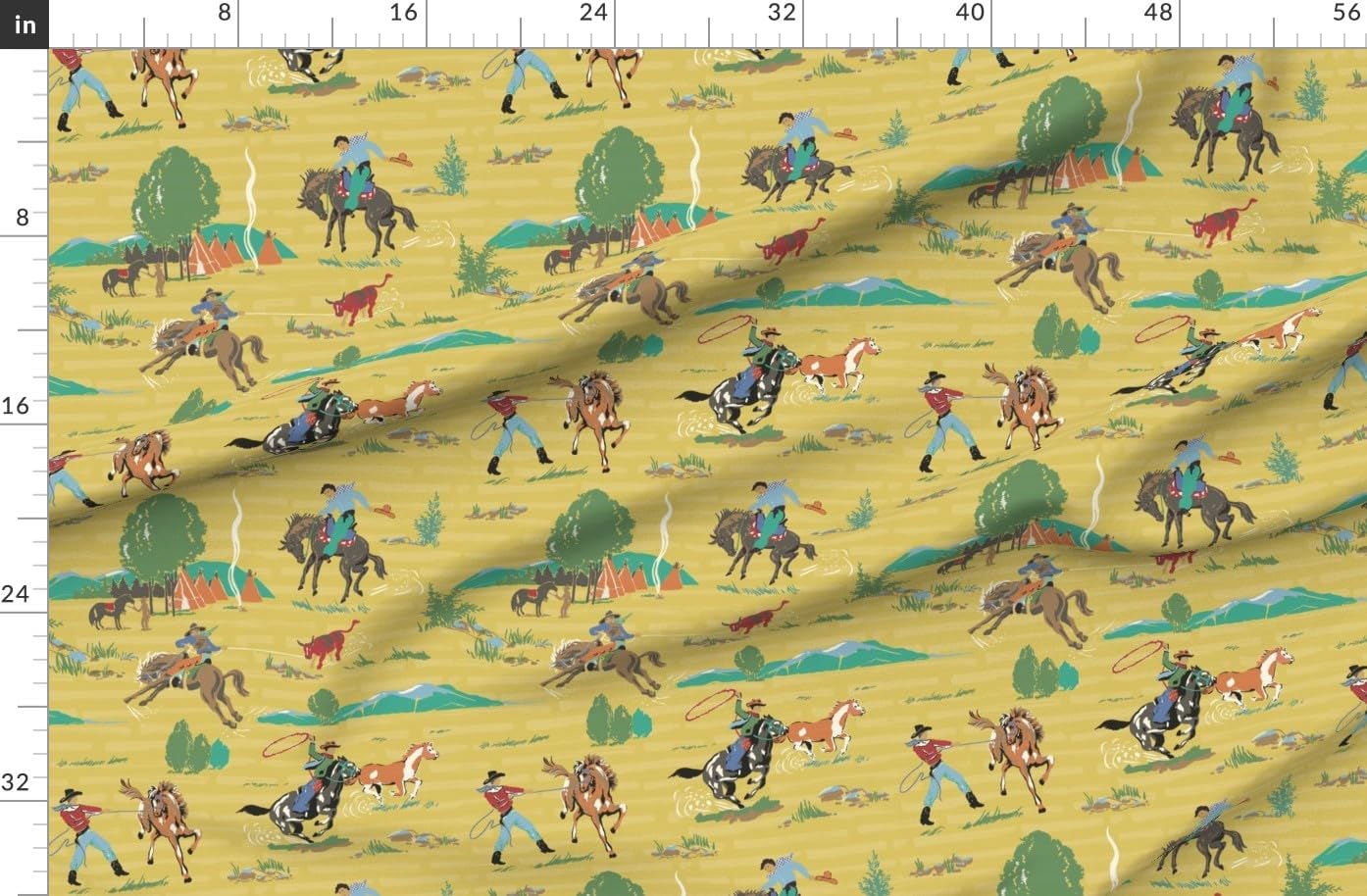 Spoonflower Fabric - Western Cowboy Rustic Horses Ranch Mountains Southwestern Equestrian Printed on Organic Cotton Sateen Fabric by The Yard - Sewing Quilting Apparel Home Decor