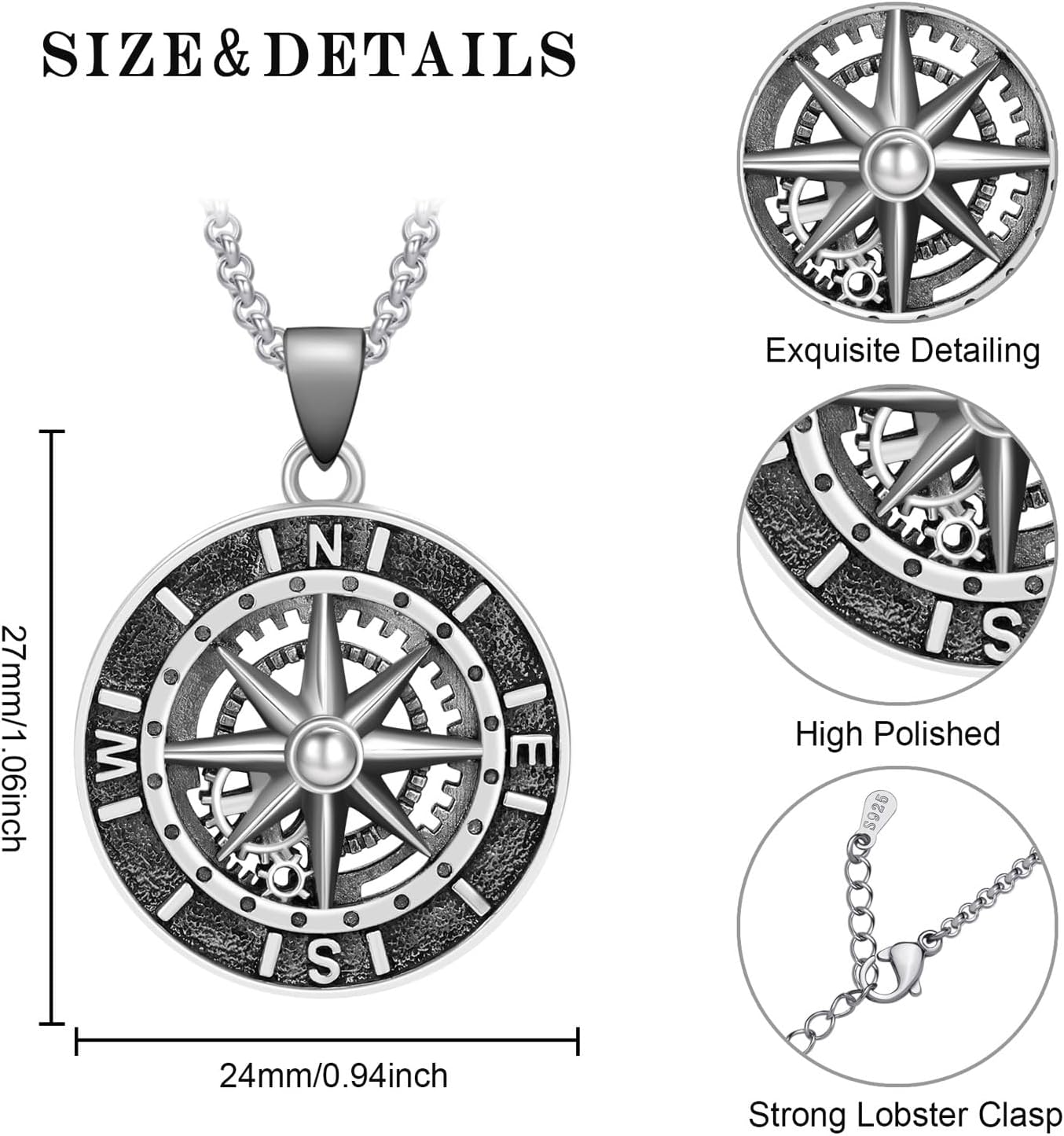 LES OSEWA Compass Necklace for Men Sterling Silver Compass Pendant Masonic Viking Necklace Travel Amulet Necklace Inspirational Graduation Jewelry Gifts for Women