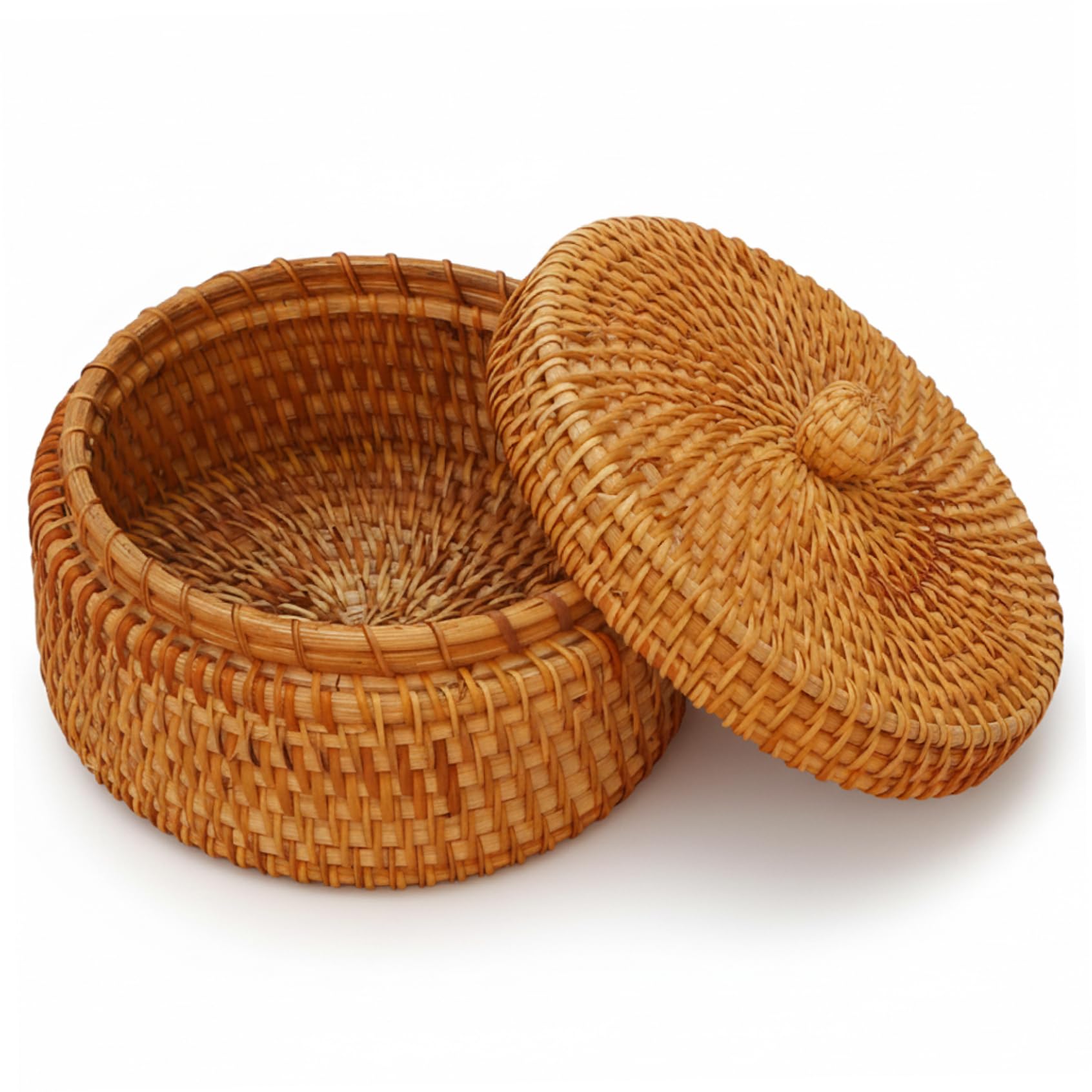 Ameble Natural Rattan Round Wicker Basket with Lid Decorative Storage Box for Home Organisation for Keys Snacks Fruits Storage Basket
