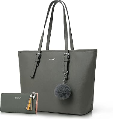 TANTOMI Tote Bag for Women PU Leather Shoulder Handbags Large Work Bag | Zip-top Closure, Protective Bottom Rivets, Water-Resistant, Pom-pom Charm, Ideal for School, Casual & Travel
