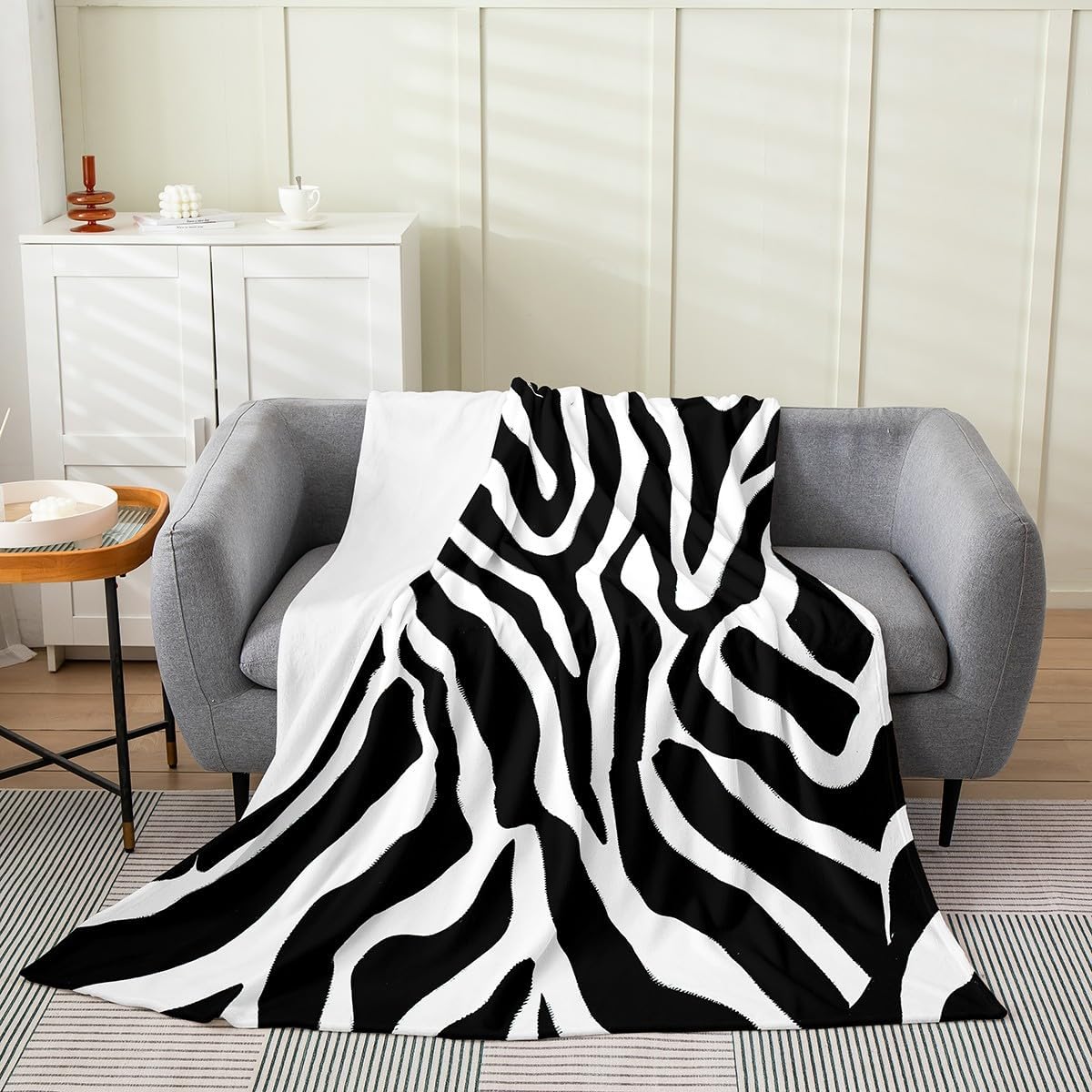 Feelyou Zebra Print Flannel Fleece Throw Blanket Twin 60"x80" Kids Zebra Fur Texture Pattern All Season Bed Blanket for Sofa Couch Black White Fuzzy Blanket Plush Blanket （No Real Fur）