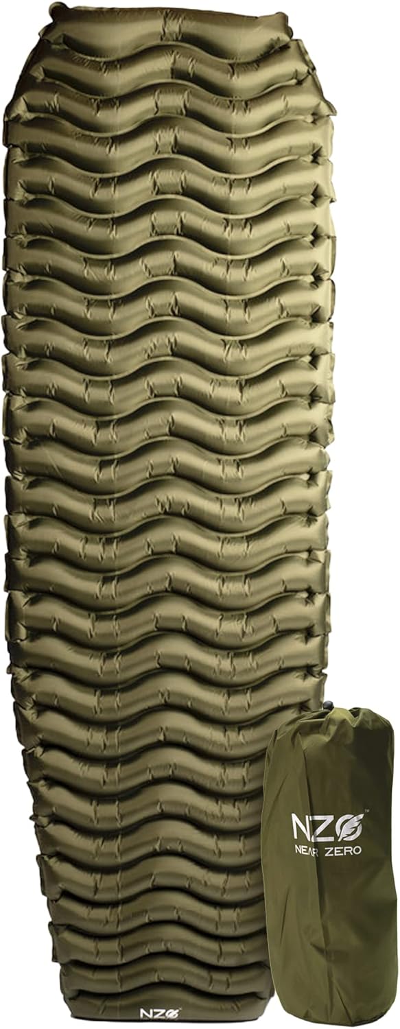 NEAR ZERO Ultralight Inflatable Sleeping Pad – Compact 14.5 oz Air Pad 2" Thick, Quick Inflate with 11 Breaths, Durable Rip-Resistant Nylon – Ideal for Backpacking & Warm Weather, Green