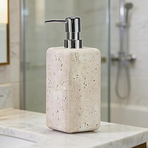 Miniatura 7 de Dispensador de jabón de travertino, accesorios de baño, dispensador de loción de piedra cuadrada orgánica natural prémium con bomba de metal,