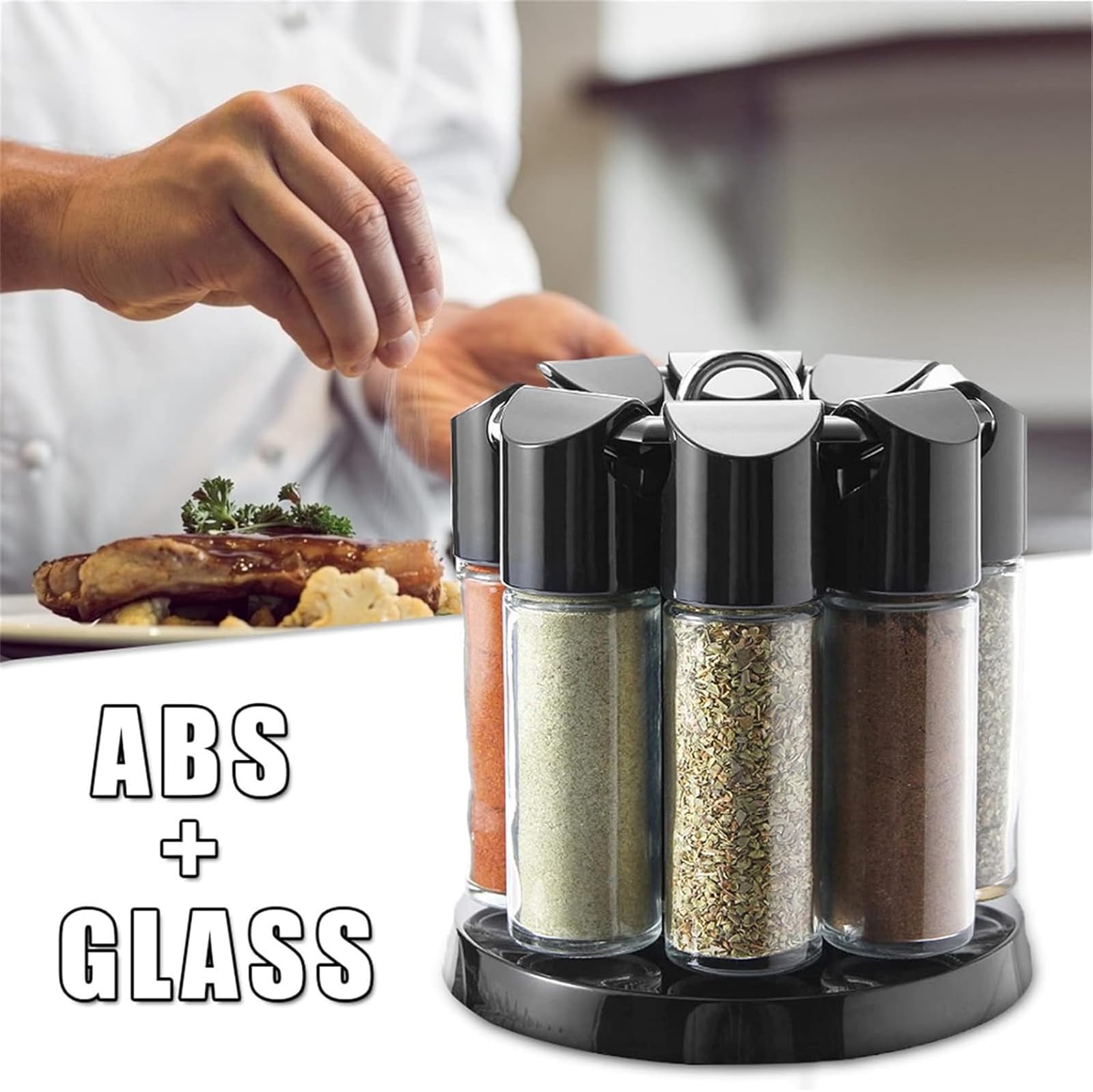 Portaspezie girevole a 360°, con 8 barattoli per spezie, autoportante, organizer per spezie e erbe aromatiche, elegante soluzione da cucina (nero/trasparente)