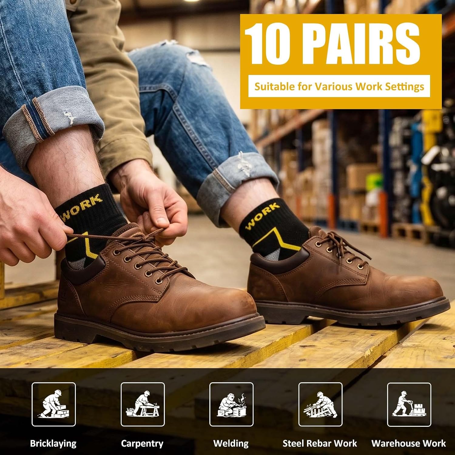 Hellomamma Mens Crew Work Socks: 10 Pairs Calf Long Breathable Seamless Padded Socks for Men Practical Working Versatile Gift
