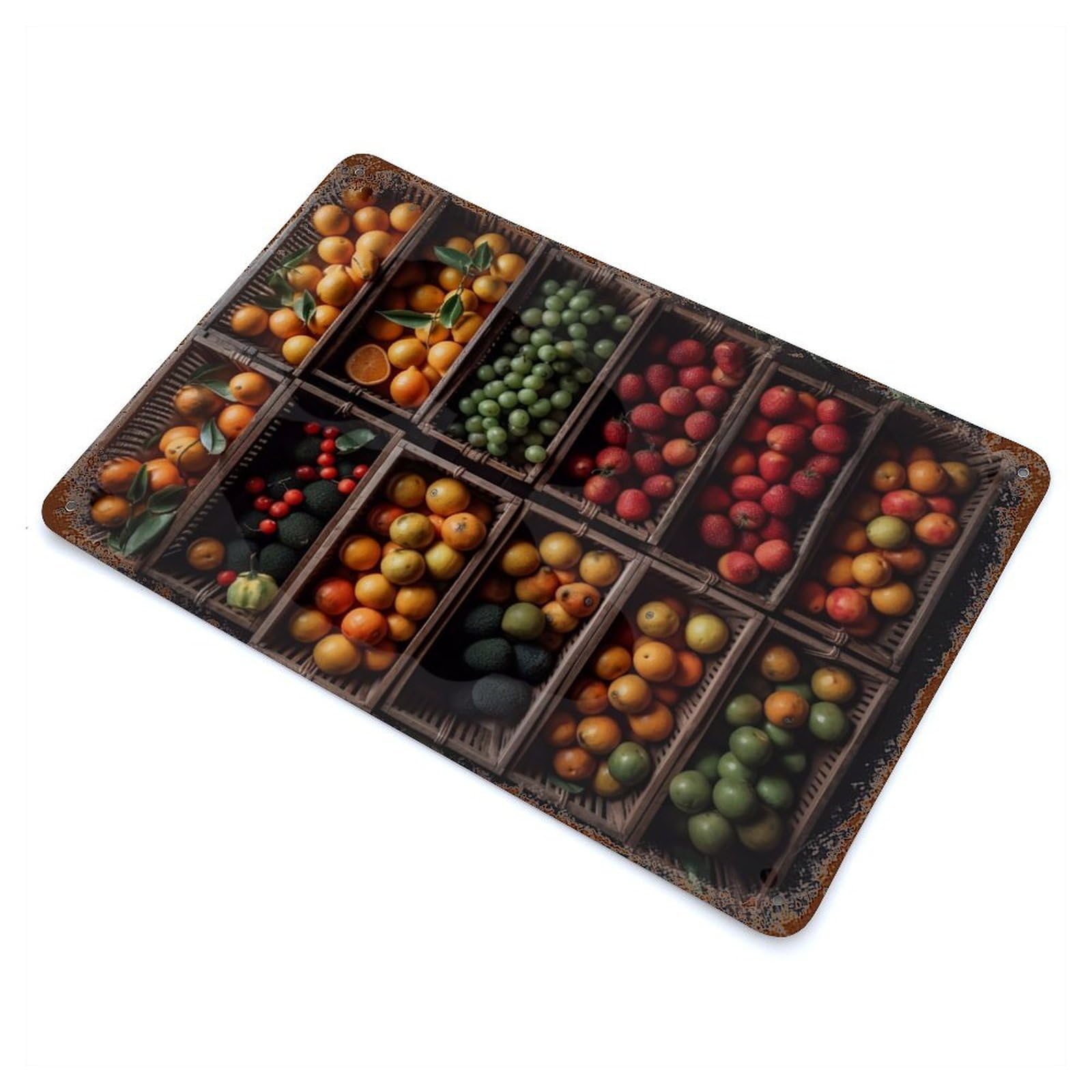 Weathered Tin Sign with Tropical Fruit Market Design 11.8"x7.9", for Garage, Bar And Workshop Decor, Decorative Metal Wall Art