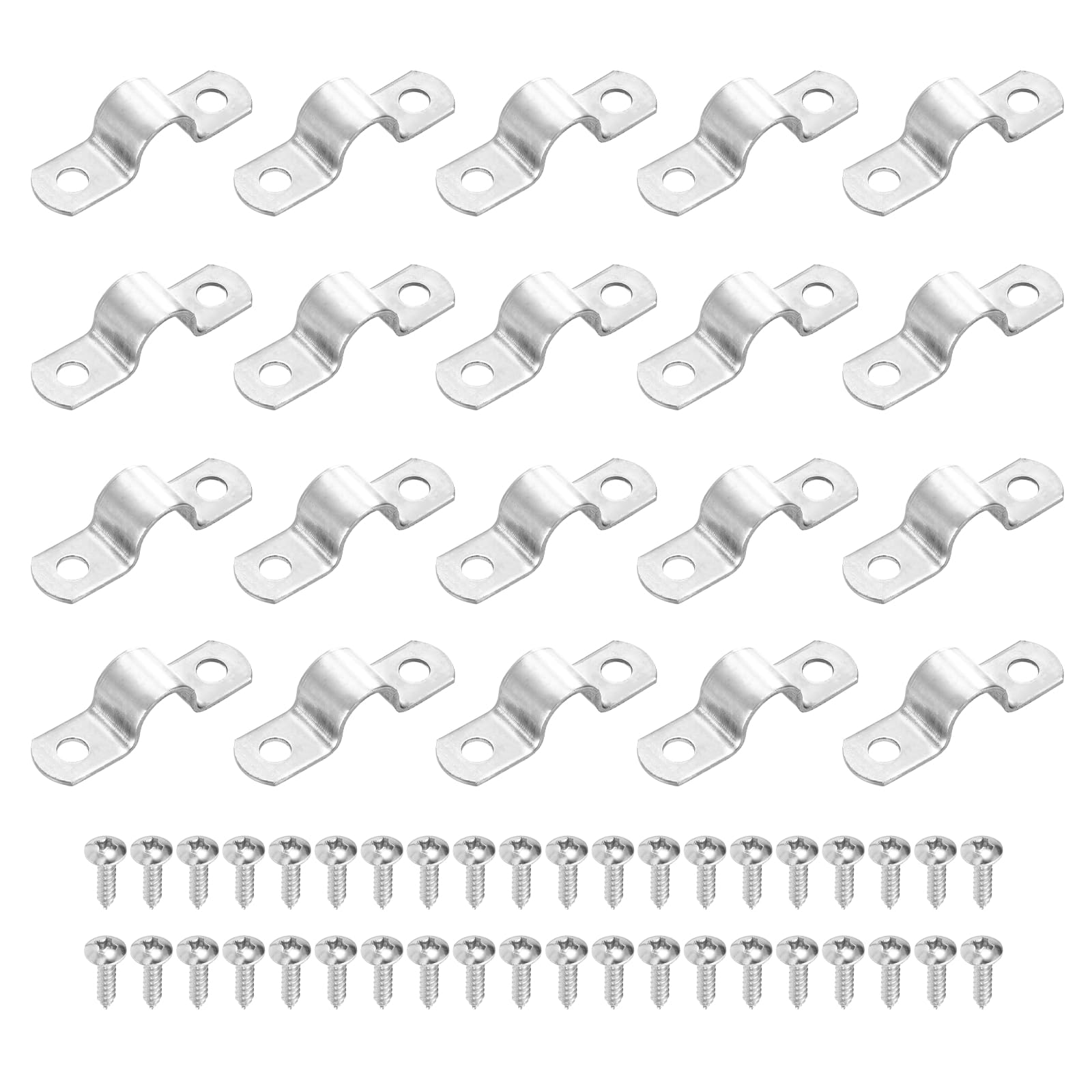 sourcing map 20Pcs 12mm(1/2") Two Hole Rigid Pipe Strap, 304 Stainless Steel Conduit Clamp Thicken U Bracket Heavy Duty Pipe Clamp with Self-Tapping Screws for Fixing Tube Cable, Silver