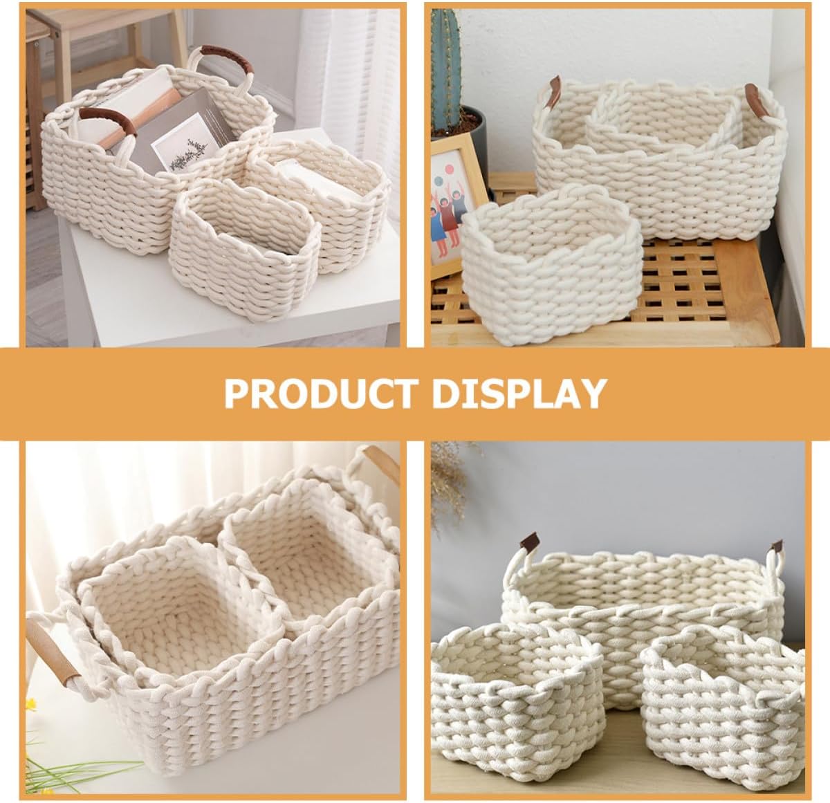 Healifty Cotton Rope Storage Baskets Set of 3, Woven Cloth Organizer with Handles, White Storage Bins for Home, and Household Items Organization