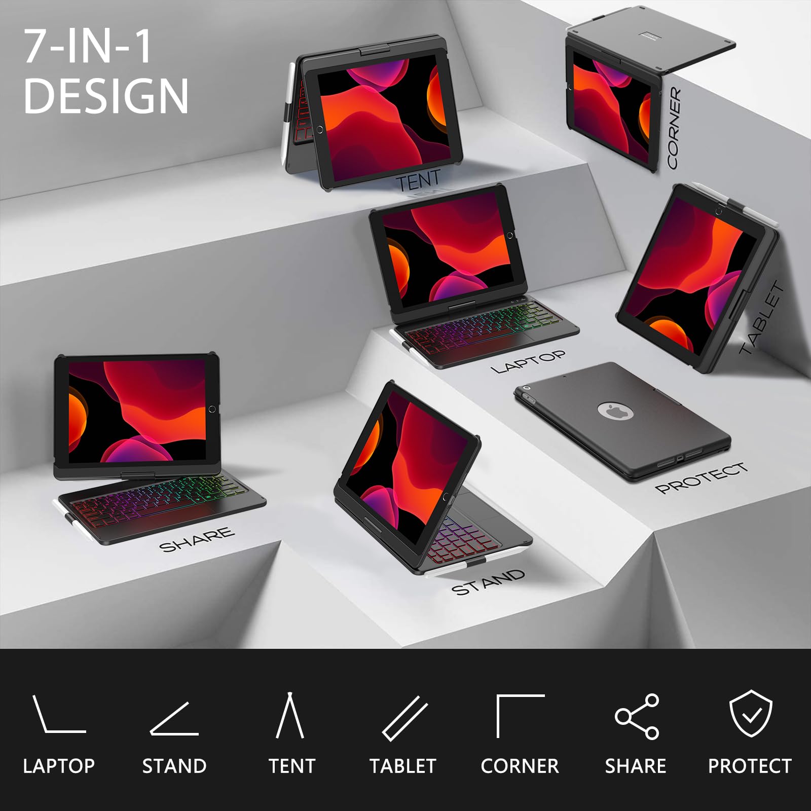 Tastatur Hülle für iPad 10.2 Zoll,für iPad 9/8/7 Generation Hülle,360° Touchpad Flip Hartschale Slim Cover,Kabellose Bluetooth Tastaturhülle,7 Hintergrundbeleuchtungen, Auto Sleep/Wake,QWERTZ Layout
