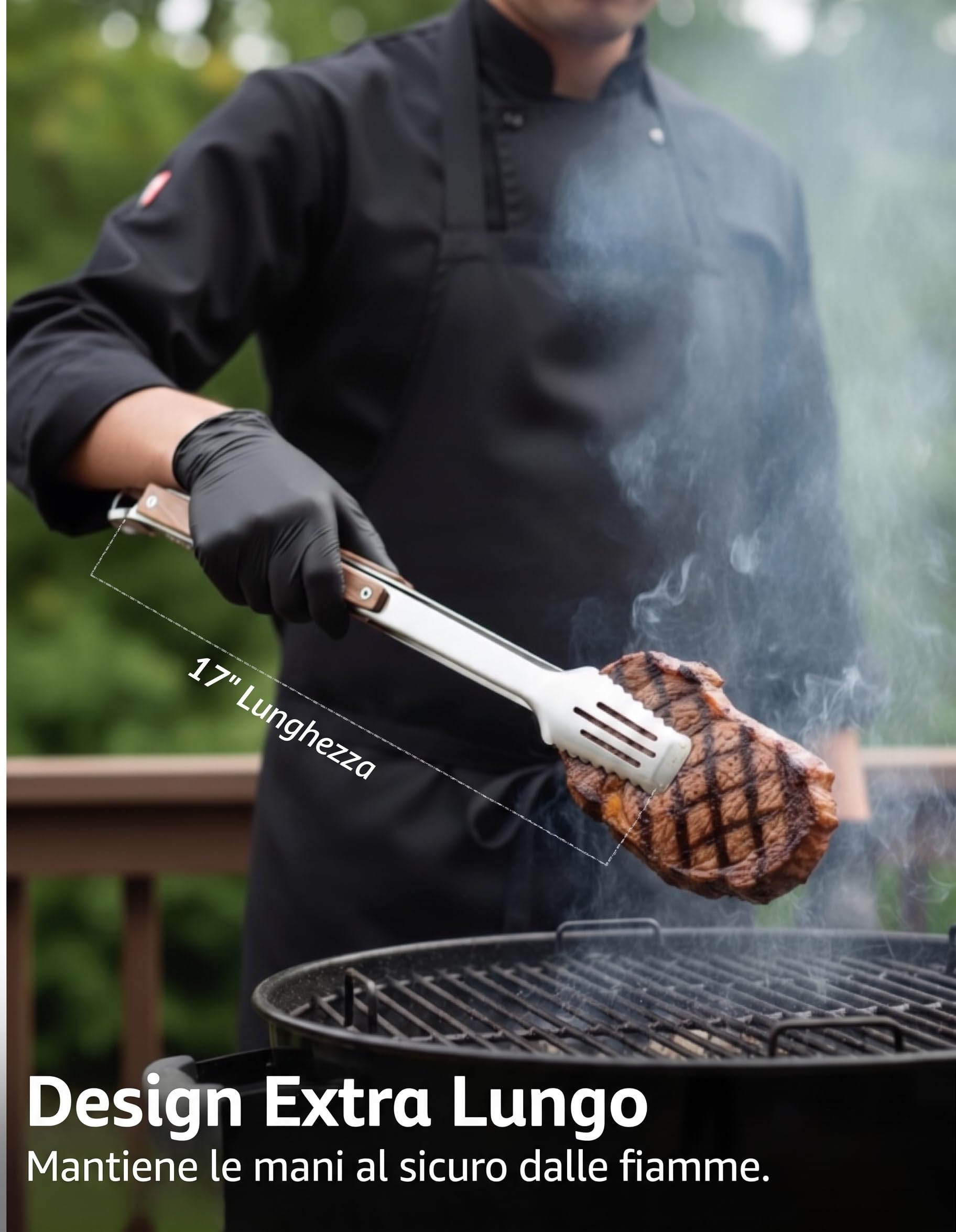 Pinza Barbecue 43 cm Acciaio Inossidabile 304 con Manico in Legno di Noce - Pinze BBQ Extra Lunghe con Punte Dentate e Fessure per Scolare, Anello di Blocco e Custodia Regalo by Stone & Clark