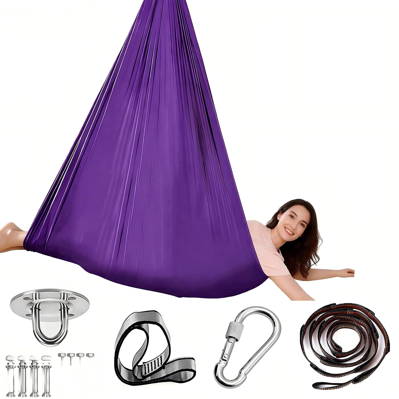 Hamaca de Yoga aérea de 280x150 cm, Columpio Colgante para Yoga con Accesorios, soporta hasta 200 kg, Ideal para Entrenamiento y estiramientos (Morado)