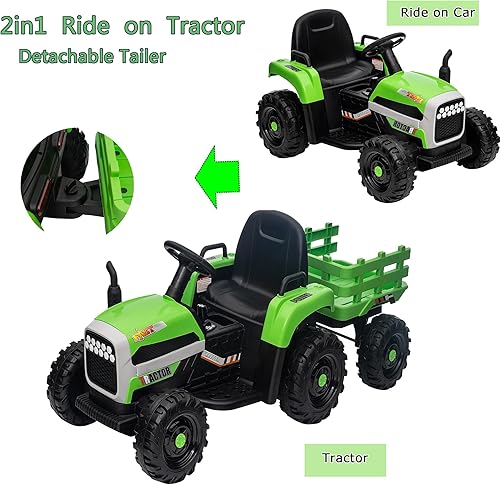 Vista 3 de Tractor de paseo para niños con remolque y control remoto para padres, juguete de tractor con batería de 12 V con motores duales, 3 velocidades