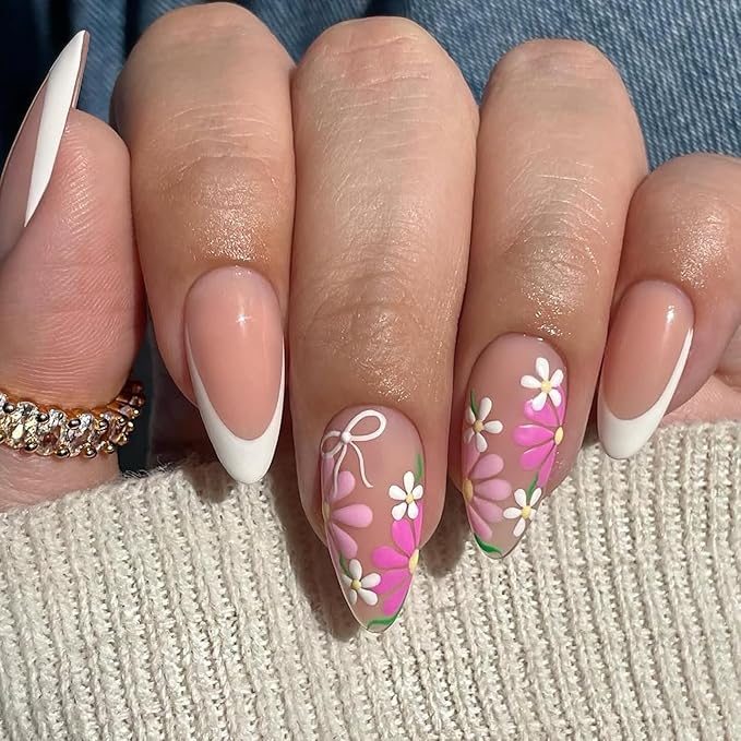 summer nails 2025 French Tip Press On Nails Spring Summer Acrylic Nails for Women - Purpl Flower Designer Fake Nails Short Almond 24Pcs, Outdoor Picnic/Wedding/Party Reusable Glue On Stick On Nails