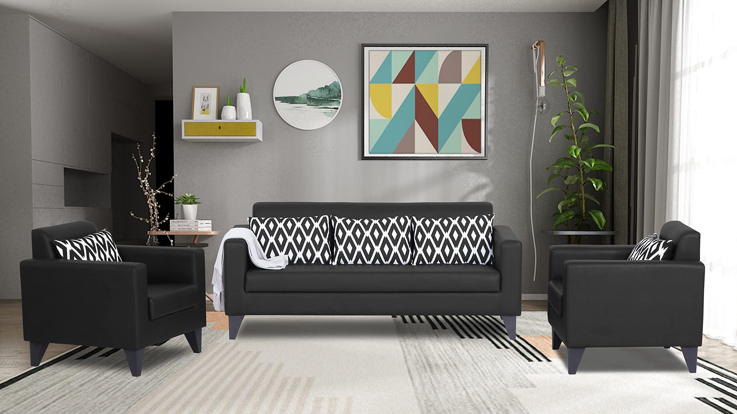 Adorn India Bladen Leatherette 3+1+1 5 Seater Sofa Set (Black)