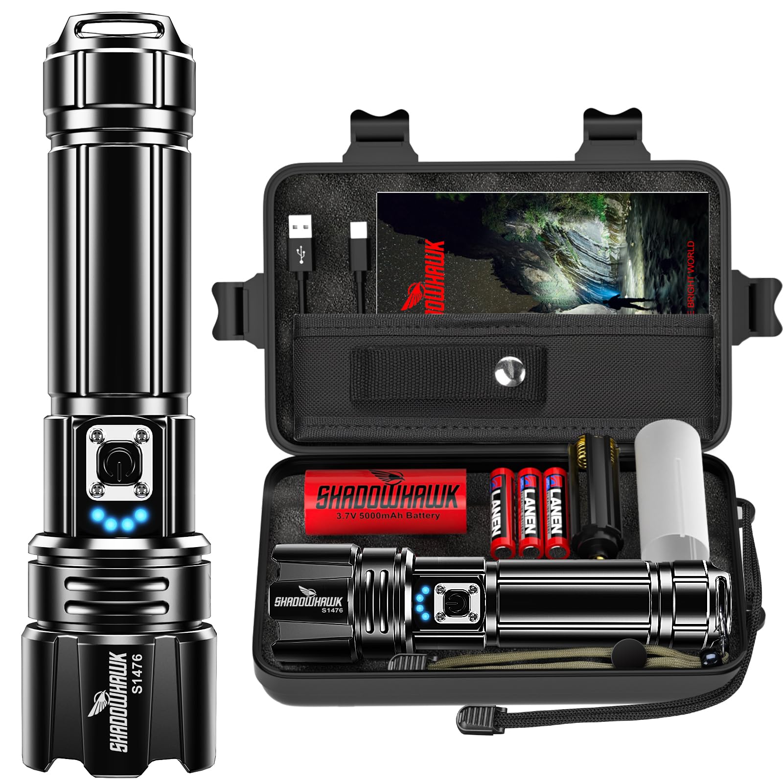 Shadowhawk Torcia LED Potente Professionale 500000 Lumen | Militare Torce Led Alta Potenza Ricaricabili(12H Illuminazione 5000mAh Batteria), Per Campeggio/Trekking/Emergenza, IP67 & 5 Modalità