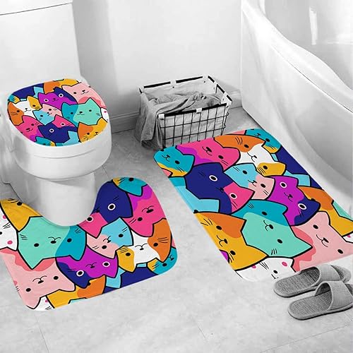 Miniatura 4 de Juego de 4 alfombras de baño y cortina de ducha para niños, bonito diseño de gato, 72 x 72 pulgadas con 12 ganchos, tapete de baño antideslizante