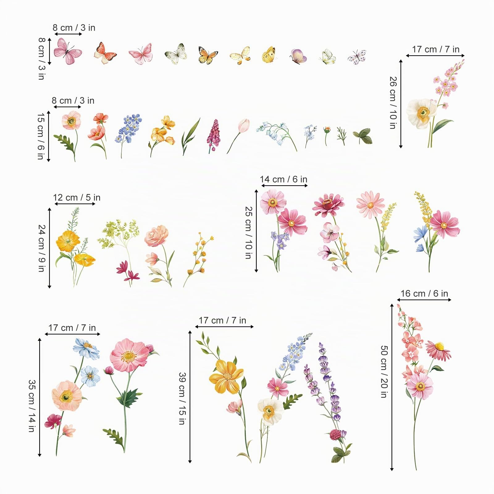 decalmile Pegatinas de Pared Jardín de Flores Vinilos Decorativos Mariposas