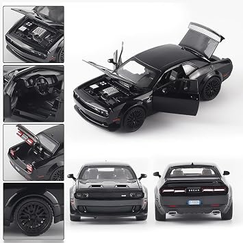 Dodge Challenger 1:32 Model Car, Die-Cast Metal Toy Cars, Hellcat Toy with Sound and Light Pull-Back Function for Children Ages 3 and Up and Car Collectors (Black)