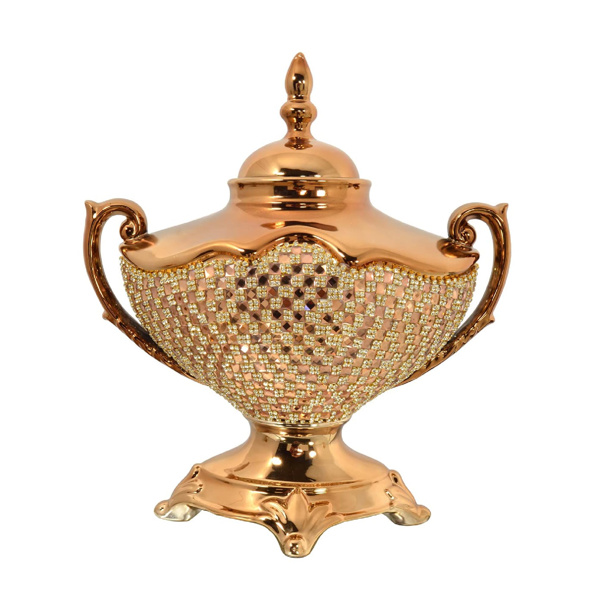 AFD Home Rose Crystal Tureen, Decorative Gold Vase with Lid and Handles, 14.96 Inches x 15.74 Inches