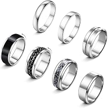 sailimue 7Pcs Stainless Steel Rings for Men Women 14K Gold Plated Fidget Rings Set Cool Spinner Chain Ring Anxiety Relief Simple Mens Engagement Promise Wedding Band Size 7-13