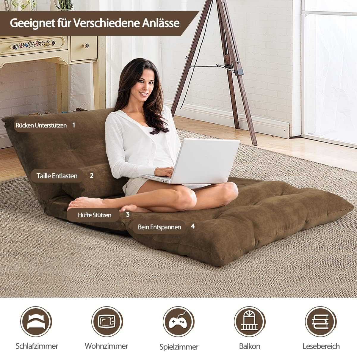 Folding Floor Sofa, 6-Level Adjustable Sofa Bed with Backrest, Floor Sleeping Chair with 2 Cushions, Padded Folding Sofa for Bedroom, Living Room (Brown)