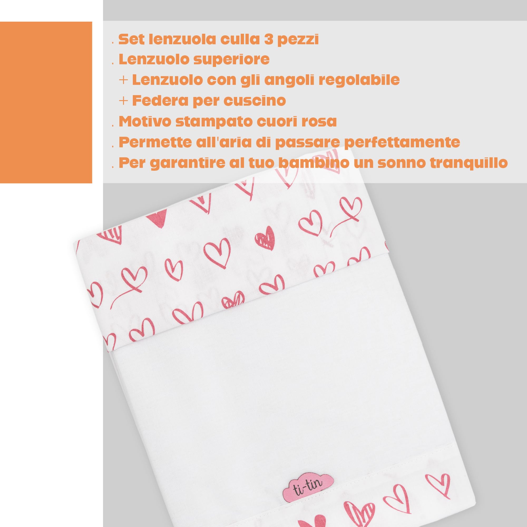 Ti TIN | Set Per Culla con Lenzuolo con Angoli, Lenzuolo, Federa, 100% Cotone | Set di 2 Lenzuola e 1 Federa | 60x120 cm