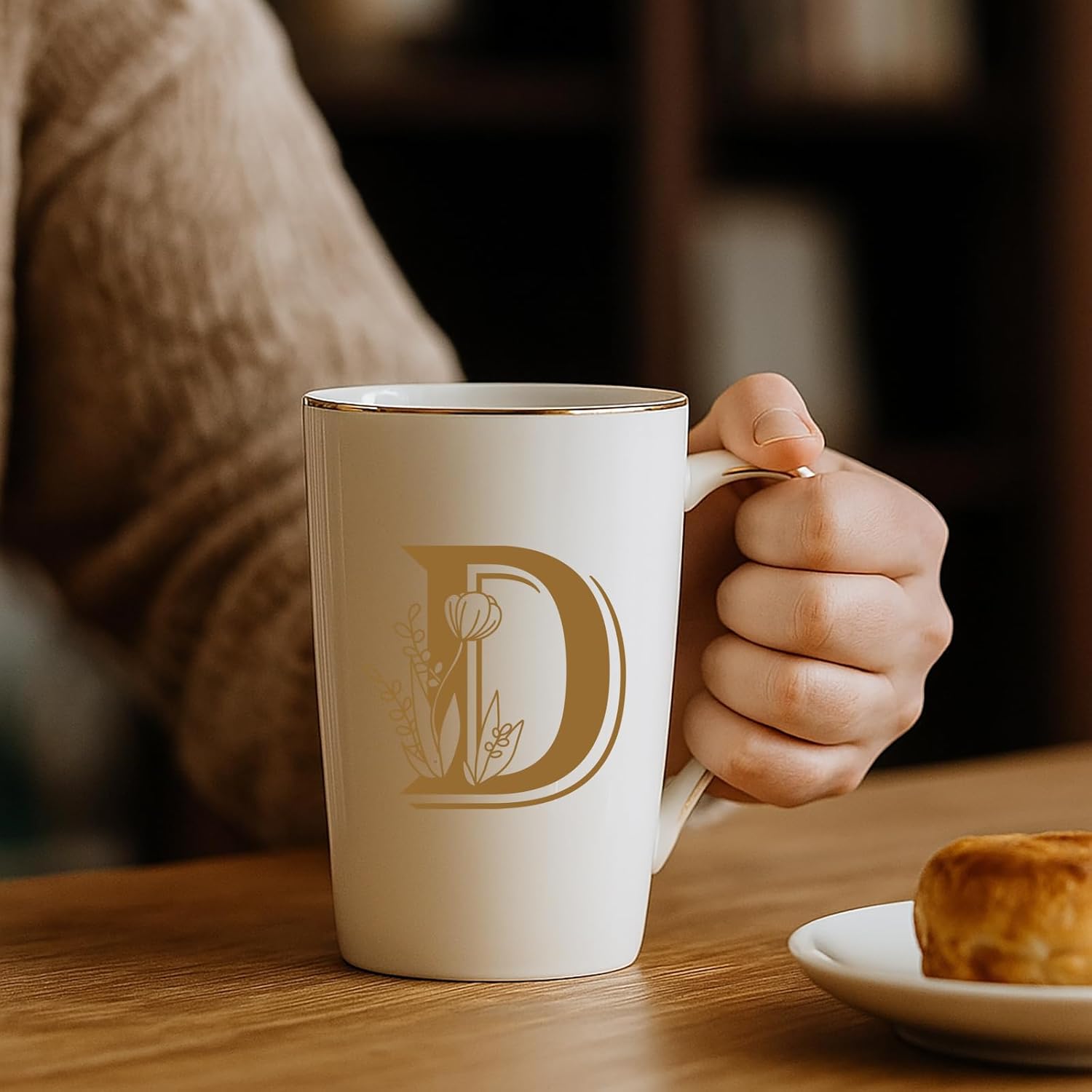 Letter D Personalized Initial Mugs with Flower, Letter D Personalized Coffee Mug, Customized Cool Letters Mugs for Women, Bridal Shower Gifts, Women's Initials Gifts Mug 14 OZ Matte White - Image 3