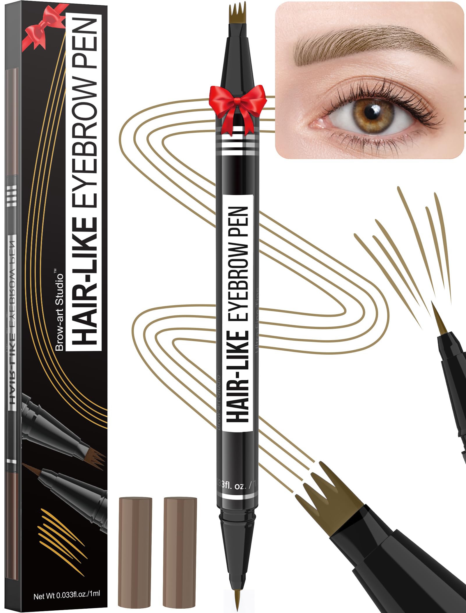 Microblading Eyebrow Pen - Eyebrow Pencil Magical 2-in-1 Dual-Ended Waterproof Eye Brow Pencils for Women with 4-Fork-Tip & Precise Brush-Tip for