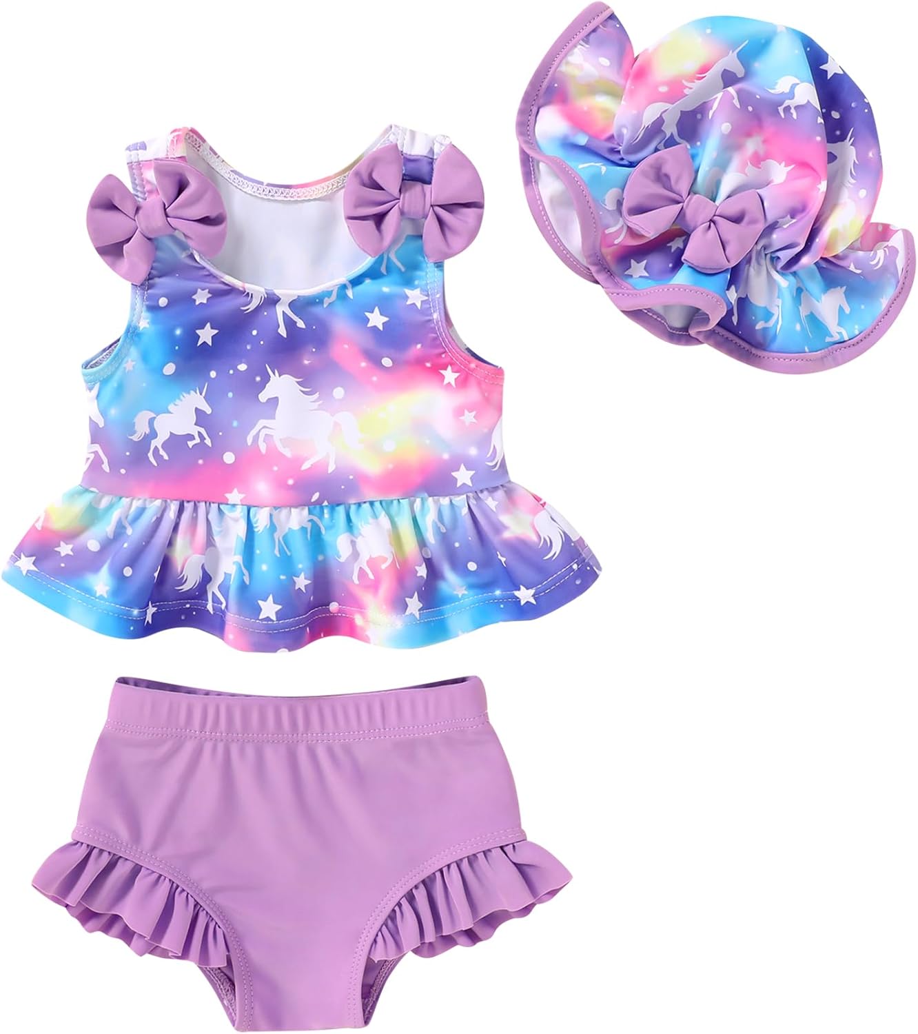 Happy Town Toddler Swimsuit Baby Girl Bathing Suit Sleeveless Bow Floral Bikini Top Ruffle Shorts with Hat Beach Swim Wear