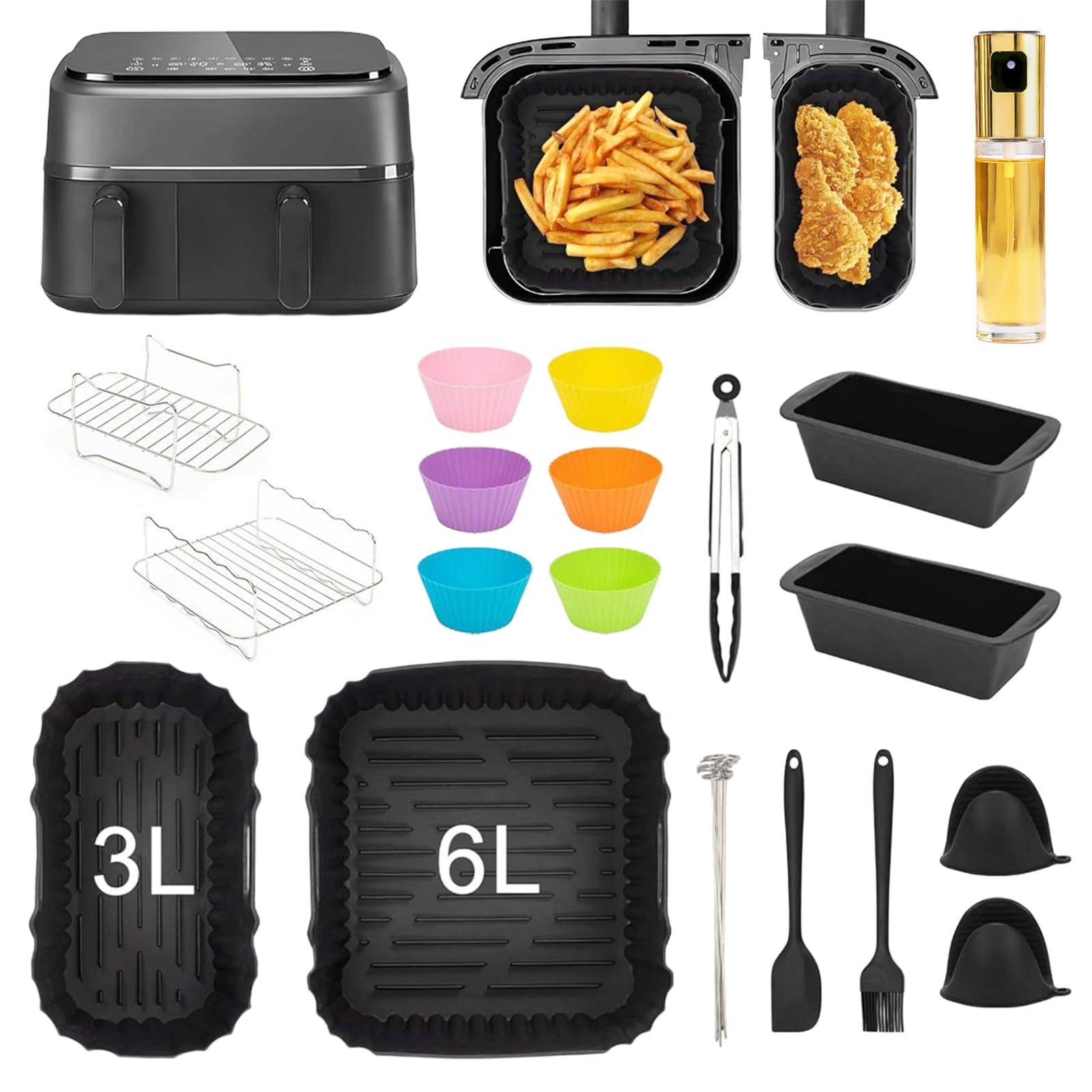 Akcesoria Airfryer do Philips Dual Basket Airfryer 3000 serii NA350, akcesoria do frytkownicy na gorące powietrze, w tym szklany spray olejowy, formy silikonowe, ruszt do grillowania, papier do