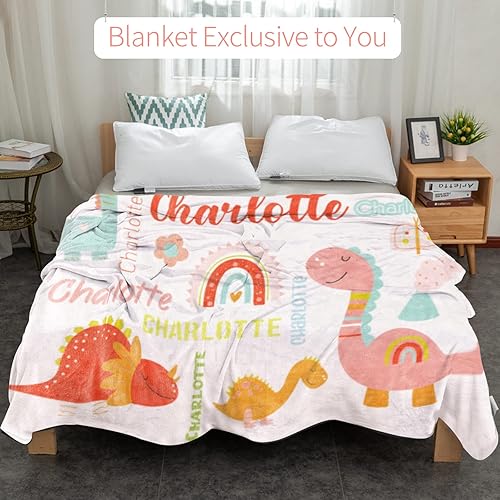 Miniatura 6 de Manta de dinosaurio personalizada con nombre para niña, manta de nombre personalizada para niños, manta de franela suave de dinosaurio rosa, regalo
