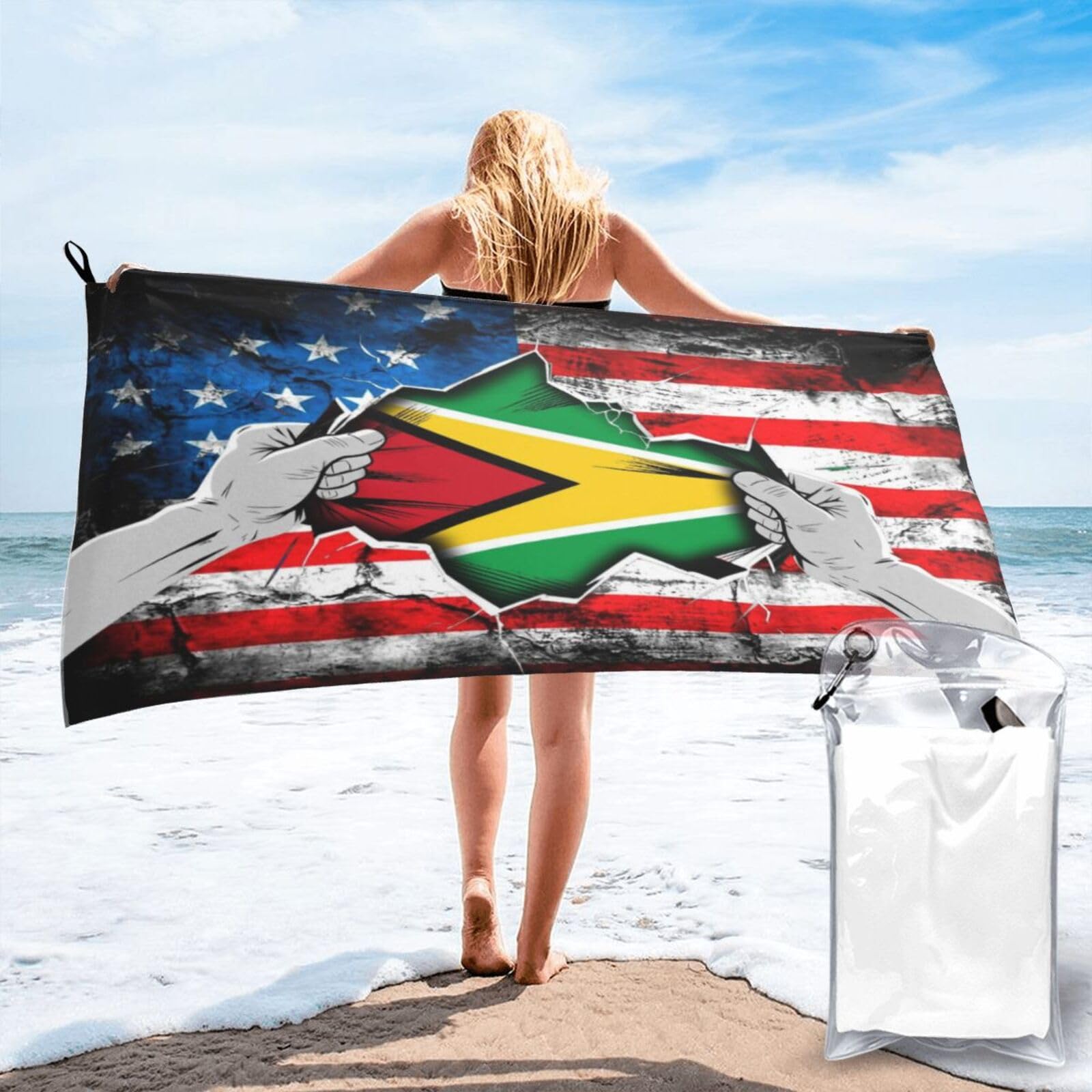 HACXZ American and Guyana Flag Vintage Beach Towel Lightweight Absorbent Beach Towel Microfiber 31.5"X63"