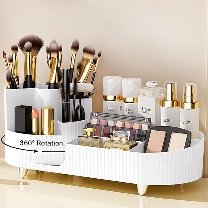 Rotating Makeup Organizer for Vanity with Brush Holder, Cosmetic Makeup Storage Organizer, Large Spinning Makeup Skincare Organizer, Countertop Makeup Perfume Organizer, Lotions Display Case (White)