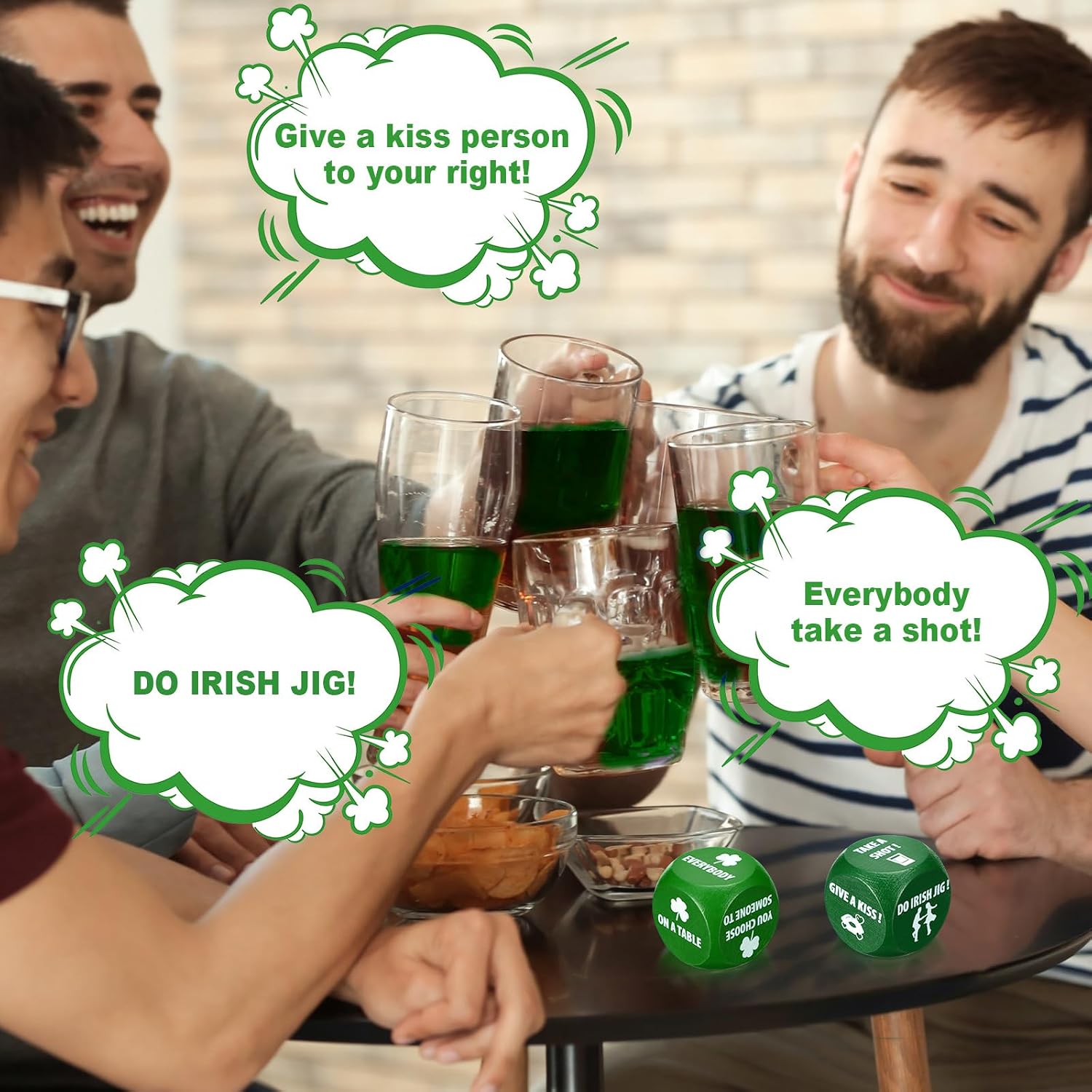 MiniInflat Irish Party Decision Dice Game Favors with Green Irish Bag St. Patrick's Day Gifts Shamrock Wooden Decision Dice for Adult Wedding Graduation Game Party, 3 Pcs
