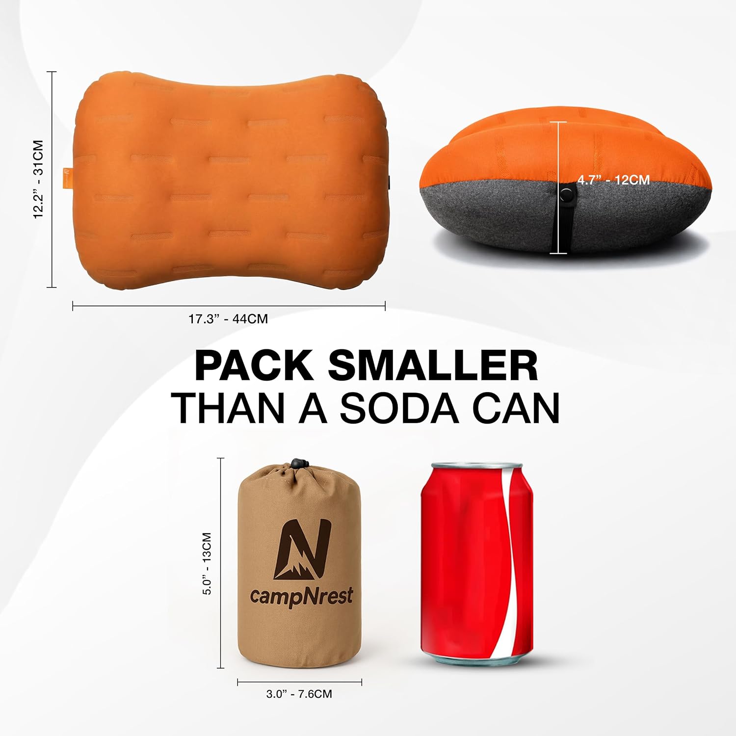 Inflatable Camping Pillow - Ultralight Compact Air Pillow for Travel, Backpacking & Hiking - Ergonomic Neck & Lumbar Support - Portable Inflatable Pillow with Removable Washable Cover -(Orange 2 Pack)